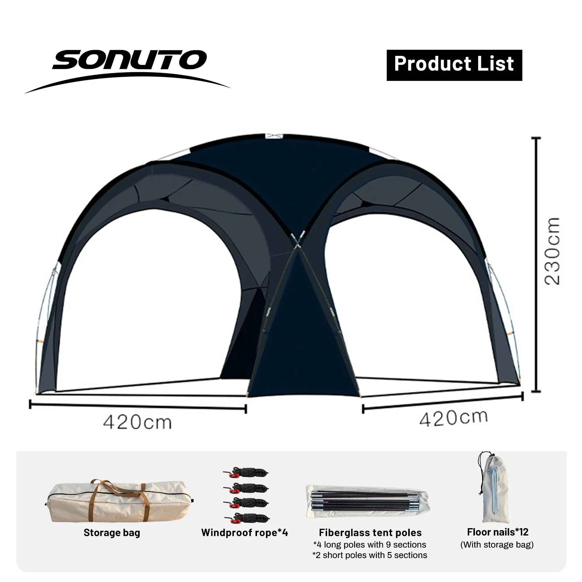 Sonuto Dome Canopy Large Tent - Outdoor Extra Large Camping Awning for Sun Protection, Hiking, Rainproof Pavilion, Anti-Mosquito