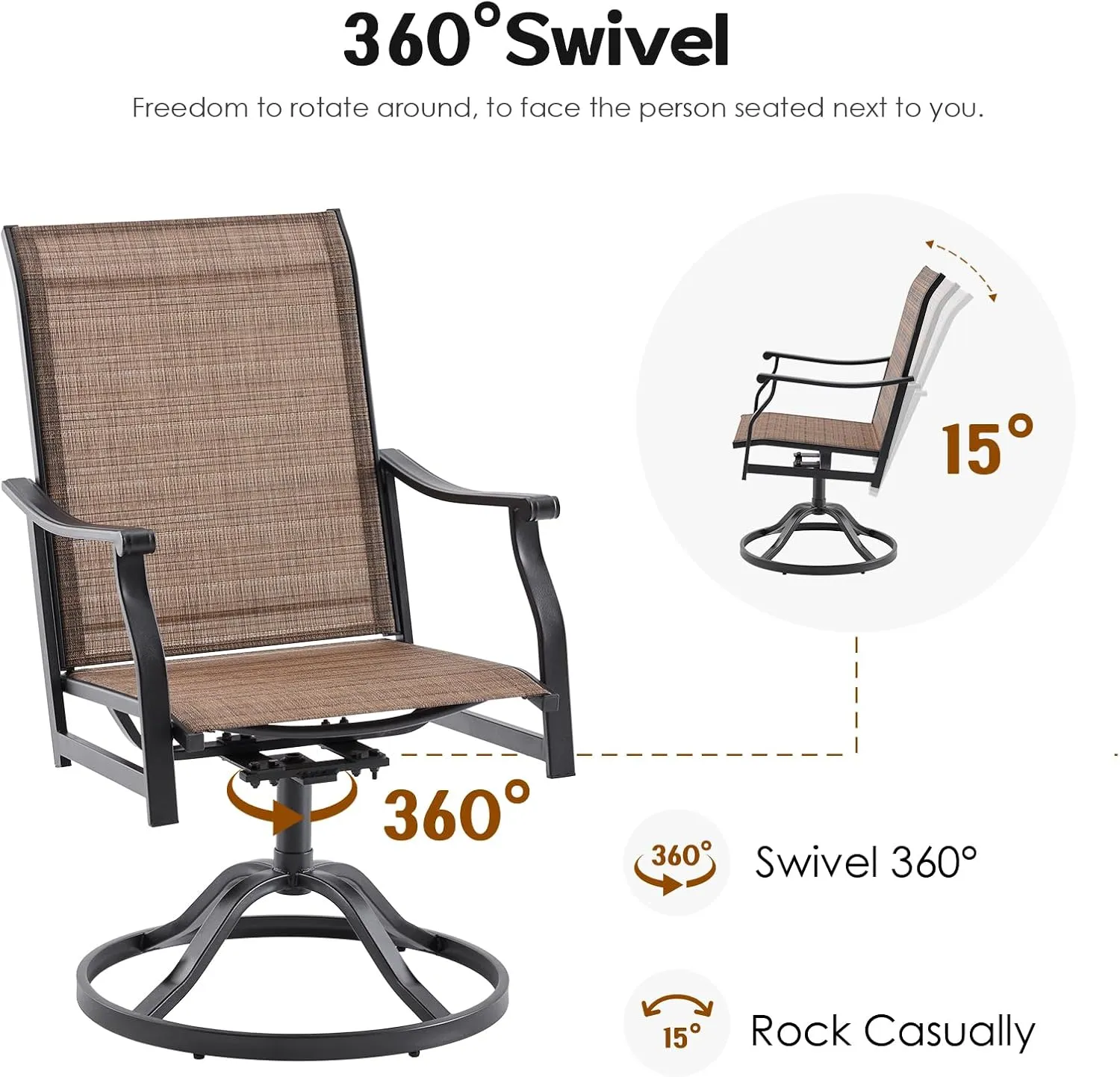 Soohow Outdoor Dining Chairs Set of 2, 360°Swivel Patio Dining Chair with Textilene Fabric, Outdoor Metal Armchair All Weather Resistant, Ergonomic Comfort, Perfect for Patio, Backyard, Balcony