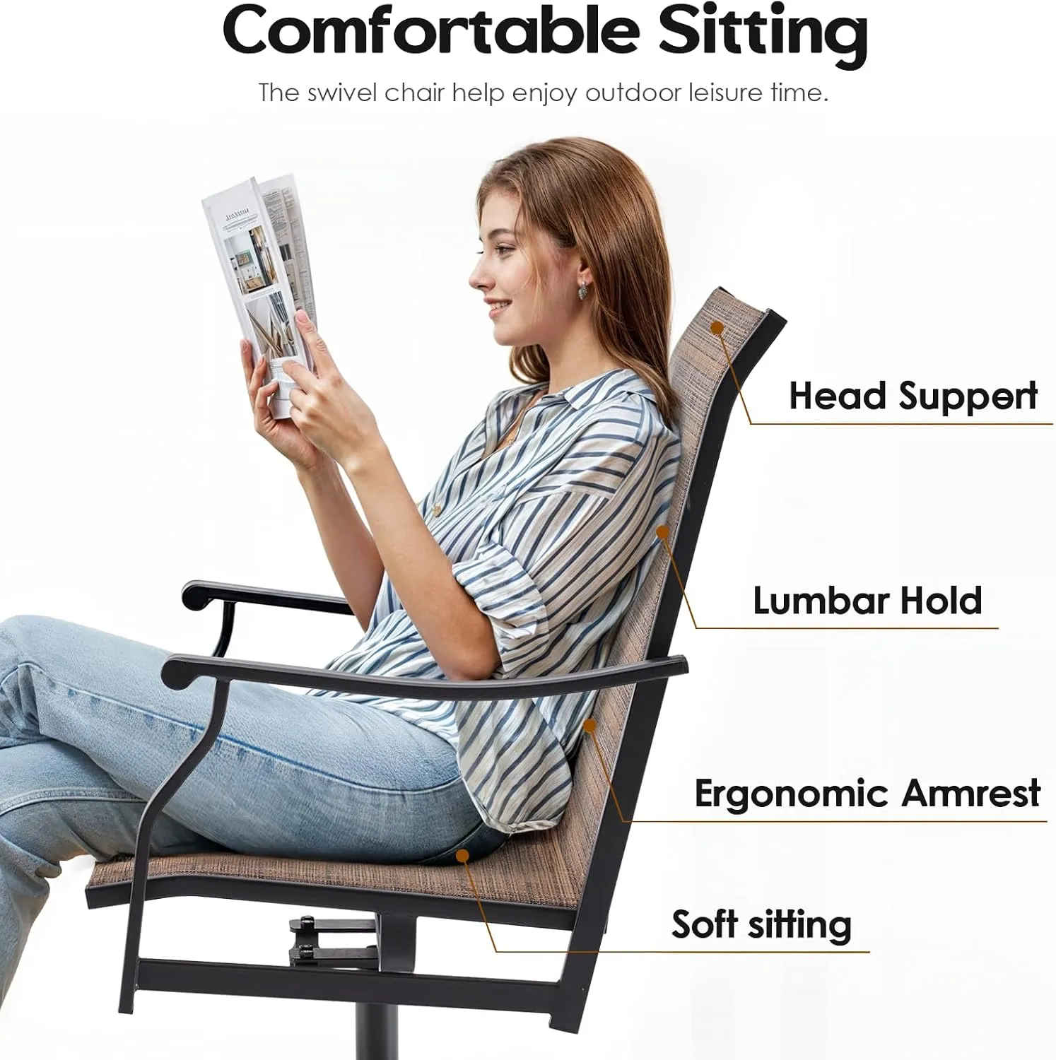 Soohow Outdoor Dining Chairs Set of 2, 360°Swivel Patio Dining Chair with Textilene Fabric, Outdoor Metal Armchair All Weather Resistant, Ergonomic Comfort, Perfect for Patio, Backyard, Balcony