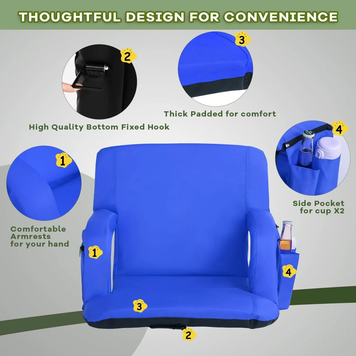 Stadium Seats for Bleachers-3 Heat Settings Backrest&Seat Cushion with Support, Portable Folding Stadium Chair with 6 Reclining, Storage Cup Holder for Football Games/Camping/Concerts (Heated, Blue)