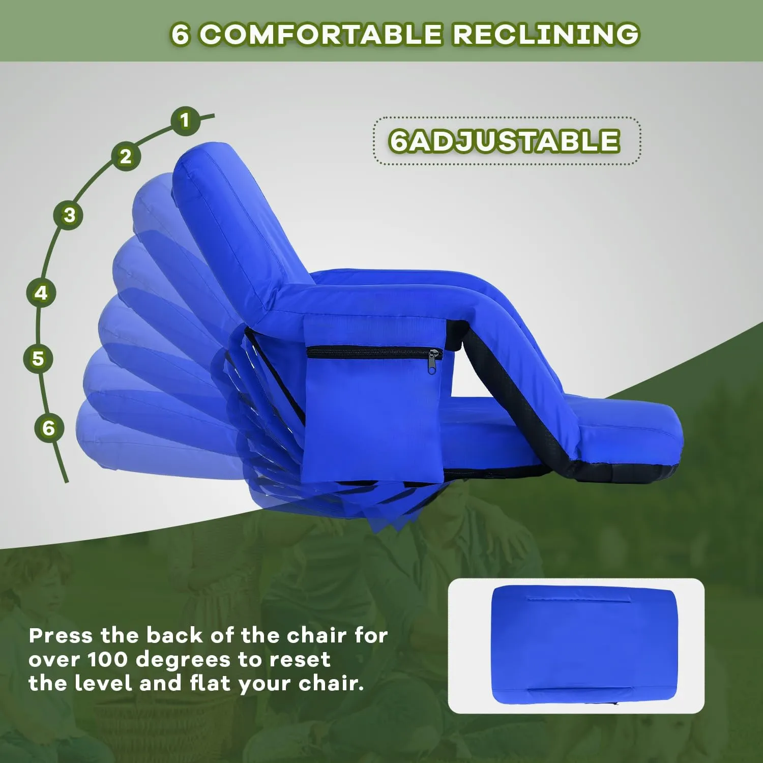 Stadium Seats for Bleachers-3 Heat Settings Backrest&Seat Cushion with Support, Portable Folding Stadium Chair with 6 Reclining, Storage Cup Holder for Football Games/Camping/Concerts (Heated, Blue)