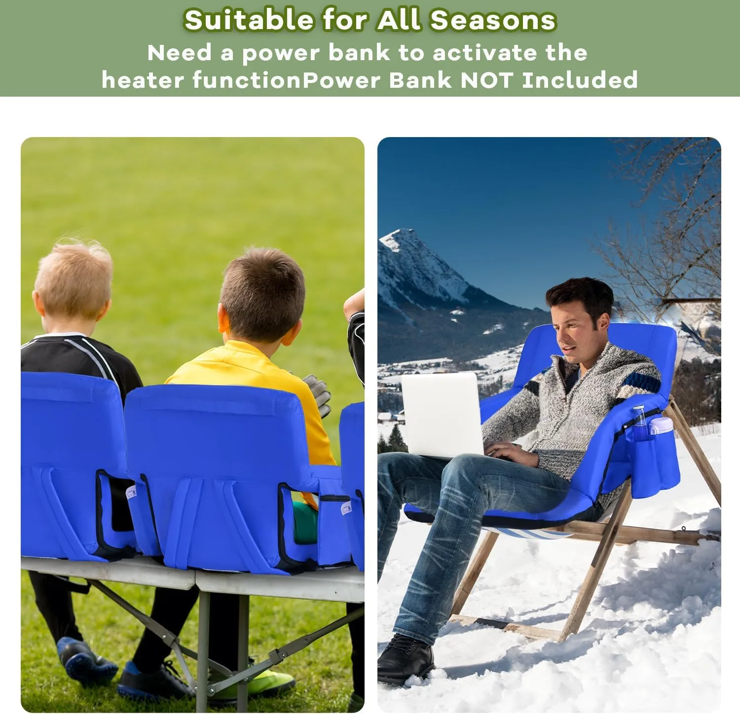 Stadium Seats for Bleachers-3 Heat Settings Backrest&Seat Cushion with Support, Portable Folding Stadium Chair with 6 Reclining, Storage Cup Holder for Football Games/Camping/Concerts (Heated, Blue)