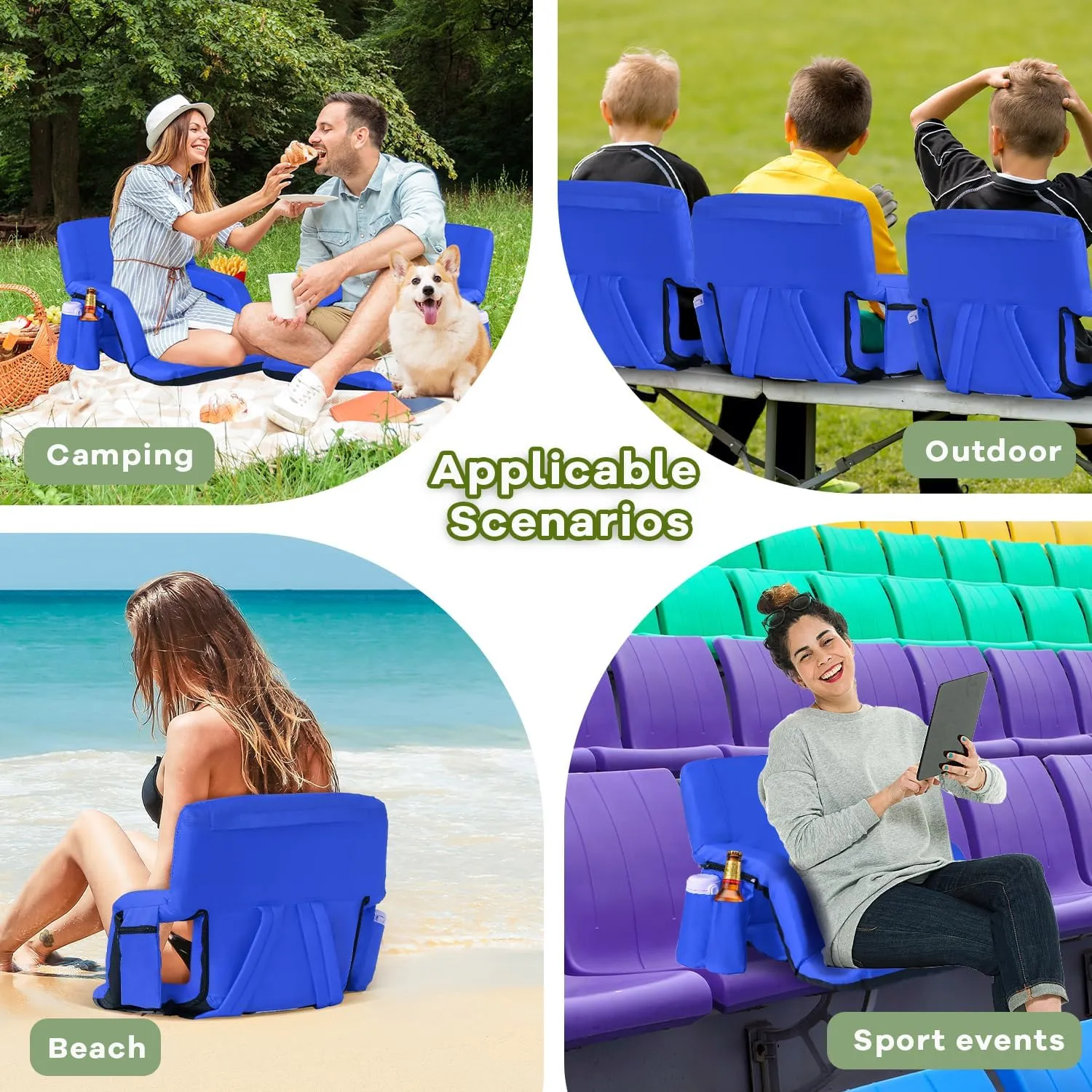 Stadium Seats for Bleachers-3 Heat Settings Backrest&Seat Cushion with Support, Portable Folding Stadium Chair with 6 Reclining, Storage Cup Holder for Football Games/Camping/Concerts (Heated, Blue)