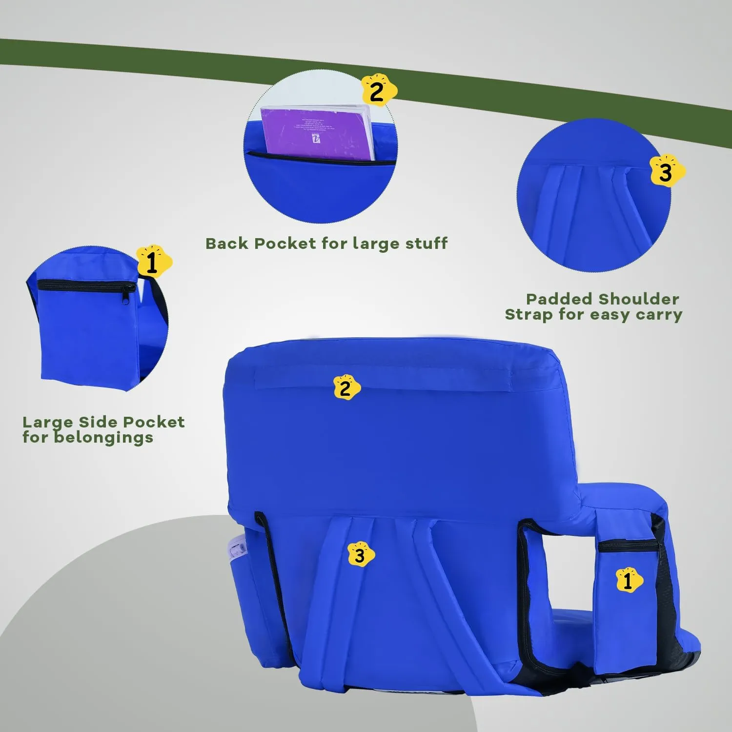 Stadium Seats for Bleachers-3 Heat Settings Backrest&Seat Cushion with Support, Portable Folding Stadium Chair with 6 Reclining, Storage Cup Holder for Football Games/Camping/Concerts (Heated, Blue)
