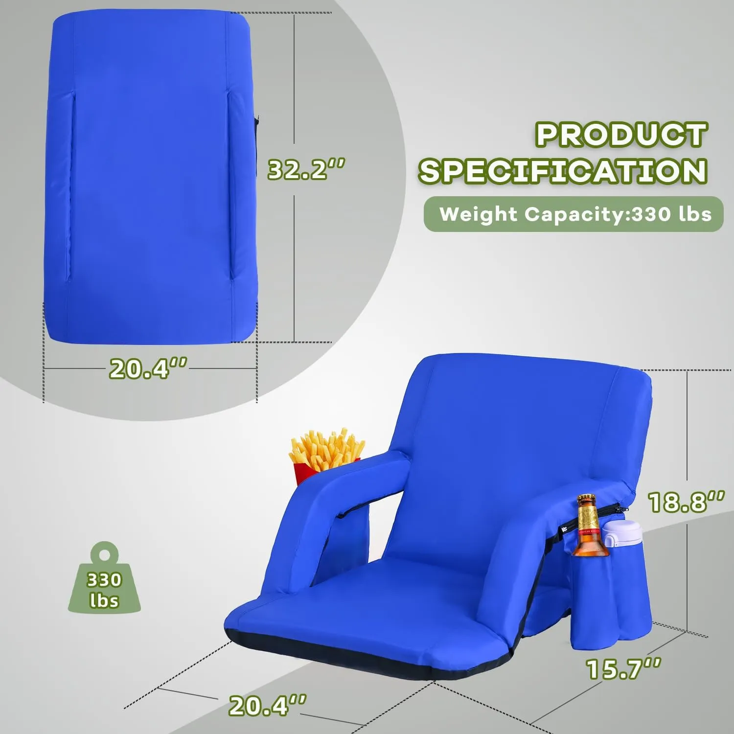 Stadium Seats for Bleachers-3 Heat Settings Backrest&Seat Cushion with Support, Portable Folding Stadium Chair with 6 Reclining, Storage Cup Holder for Football Games/Camping/Concerts (Heated, Blue)