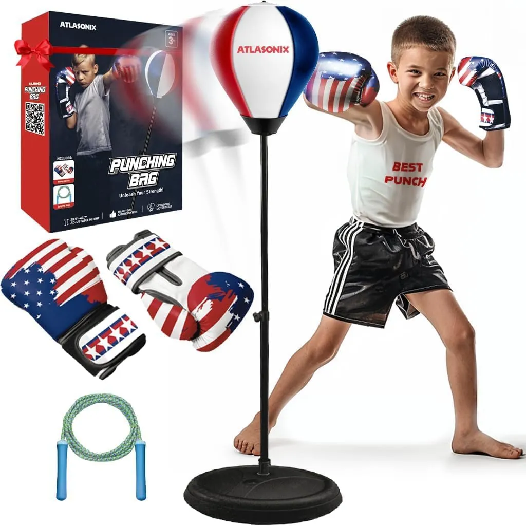Standing Punching Bag for Kids 8-12, Boxing Set with Gloves - Fun Karate Ninja Games - Birthday for Boys & Girls - Indoor Outdoor Boxing Equipment - Guantes de Boxeo para Niños