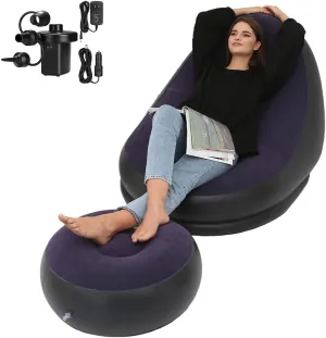 STARBRILLIANT Inflatable Living Room Furniture Chair with Stool for Resting Feet, Indoor Foldable Deck Chaise Lounges with Air Pump, Travel Camping Picnic Beach Chair(Blue)