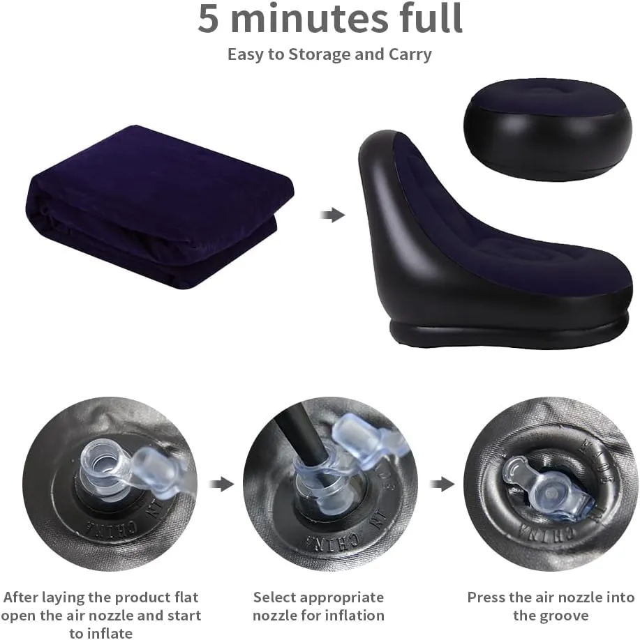 STARBRILLIANT Inflatable Living Room Furniture Chair with Stool for Resting Feet, Indoor Foldable Deck Chaise Lounges with Air Pump, Travel Camping Picnic Beach Chair(Blue)