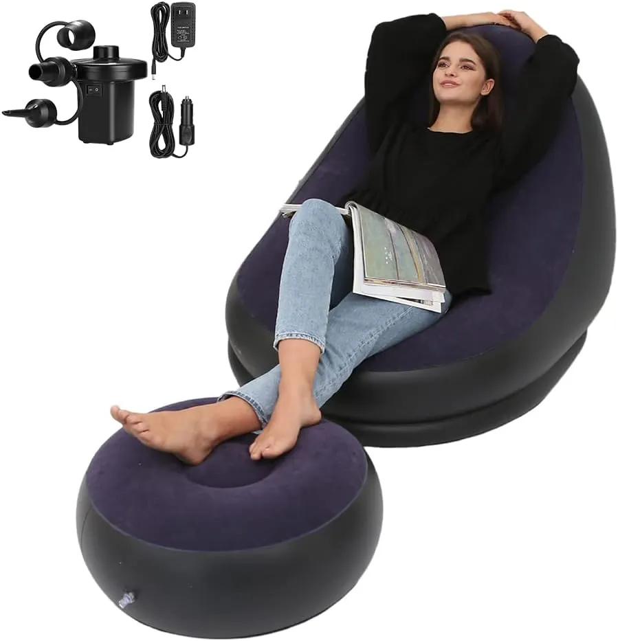 STARBRILLIANT Inflatable Living Room Furniture Chair with Stool for Resting Feet, Indoor Foldable Deck Chaise Lounges with Air Pump, Travel Camping Picnic Beach Chair(Blue)