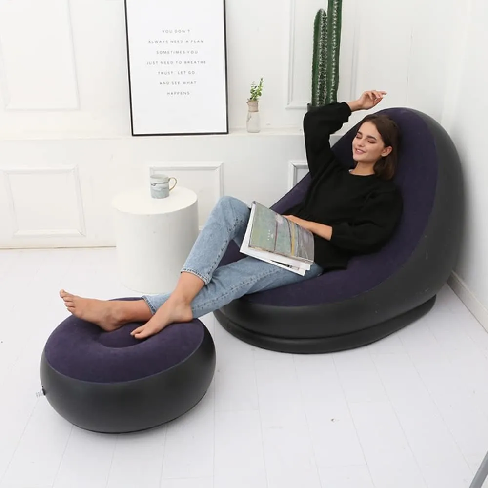 STARBRILLIANT Inflatable Living Room Furniture Chair with Stool for Resting Feet, Indoor Foldable Deck Chaise Lounges with Air Pump, Travel Camping Picnic Beach Chair(Blue)