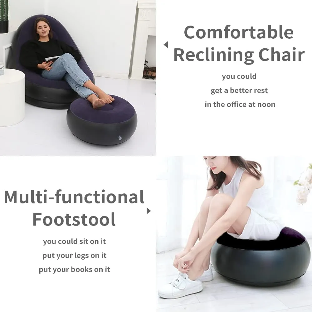 STARBRILLIANT Inflatable Living Room Furniture Chair with Stool for Resting Feet, Indoor Foldable Deck Chaise Lounges with Air Pump, Travel Camping Picnic Beach Chair(Blue)