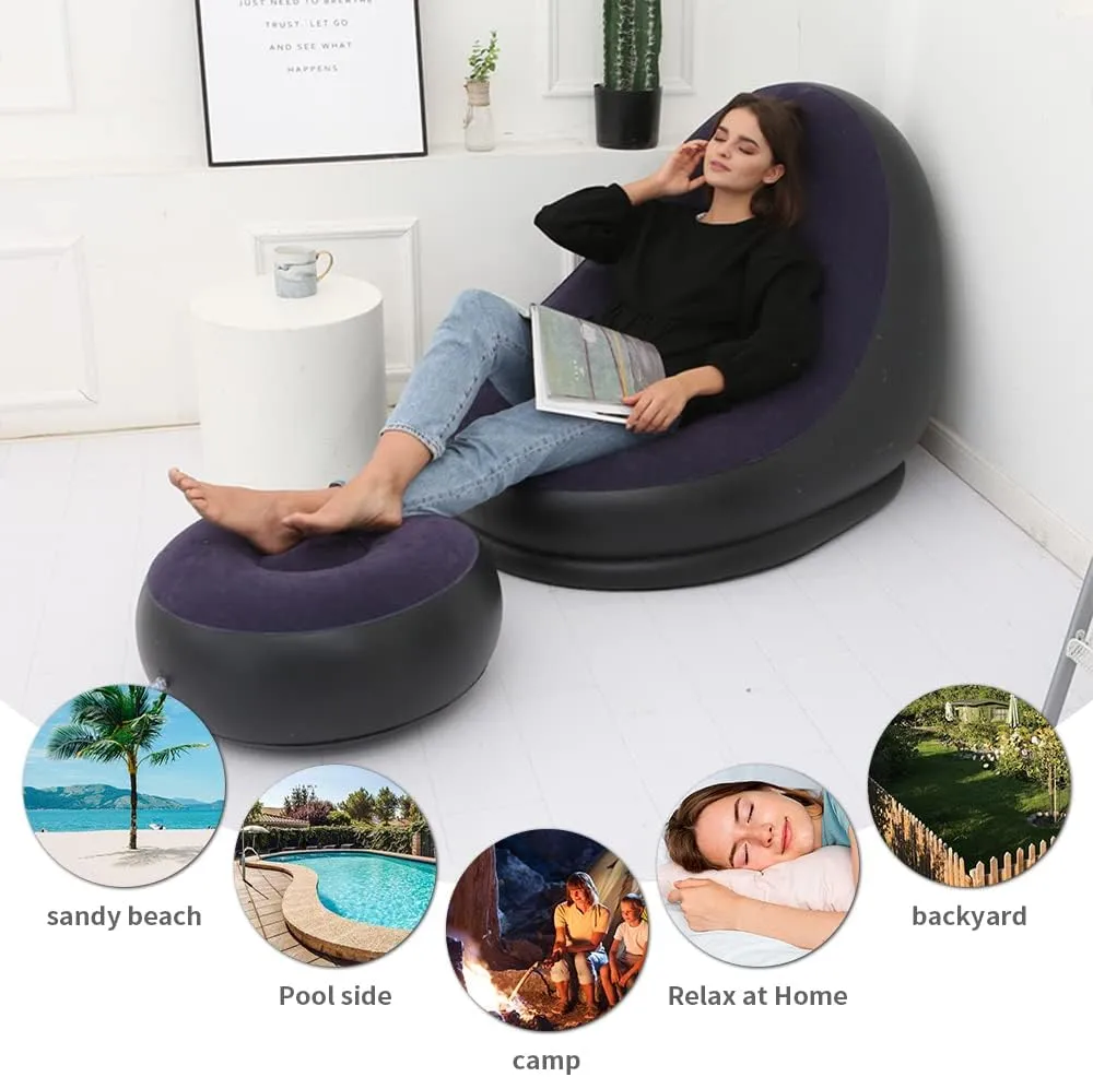 STARBRILLIANT Inflatable Living Room Furniture Chair with Stool for Resting Feet, Indoor Foldable Deck Chaise Lounges with Air Pump, Travel Camping Picnic Beach Chair(Blue)