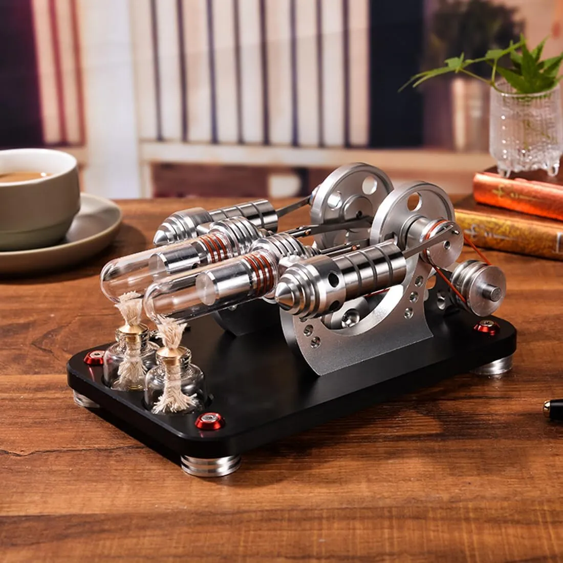 Stirling Engine Kit, Bootable 2-Cylinder Parallel Stirling Engine Model with Colorful LED Light & 2 Alcohol Burners for Desktop Display Physics Science Experiment