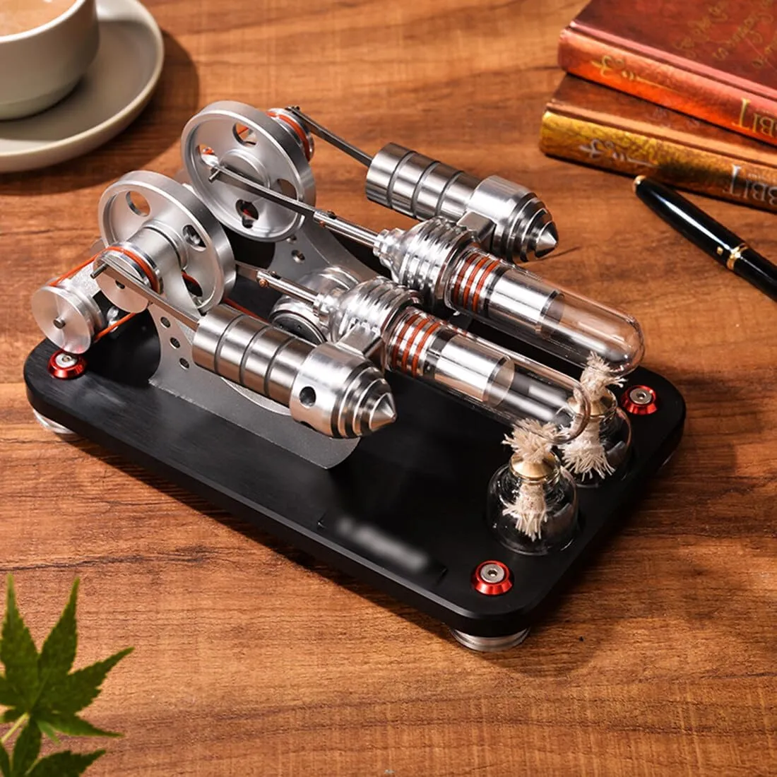 Stirling Engine Kit, Bootable 2-Cylinder Parallel Stirling Engine Model with Colorful LED Light & 2 Alcohol Burners for Desktop Display Physics Science Experiment