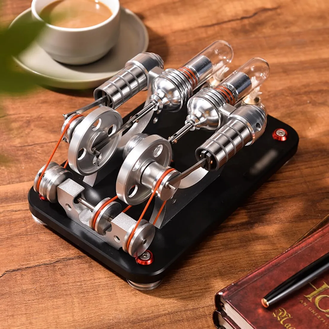 Stirling Engine Kit, Bootable 2-Cylinder Parallel Stirling Engine Model with Colorful LED Light & 2 Alcohol Burners for Desktop Display Physics Science Experiment