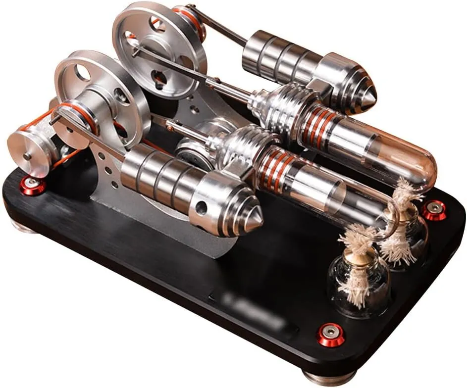 Stirling Engine Kit, Bootable 2-Cylinder Parallel Stirling Engine Model with Colorful LED Light & 2 Alcohol Burners for Desktop Display Physics Science Experiment