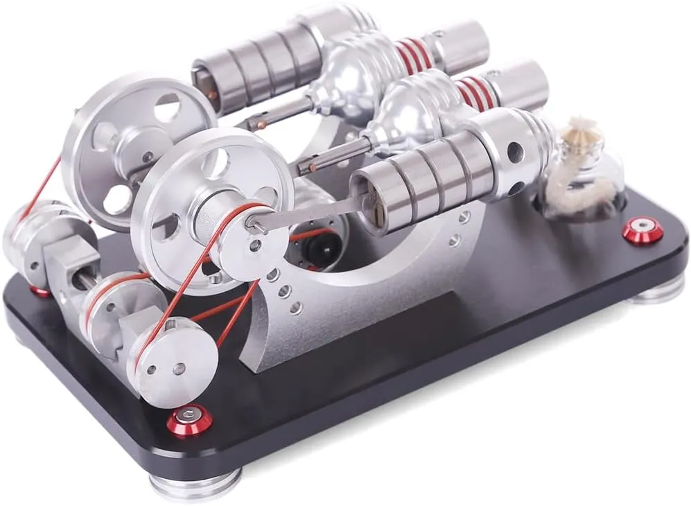 Stirling Engine Kit, Bootable 2-Cylinder Parallel Stirling Engine Model with Colorful LED Light & 2 Alcohol Burners for Desktop Display Physics Science Experiment