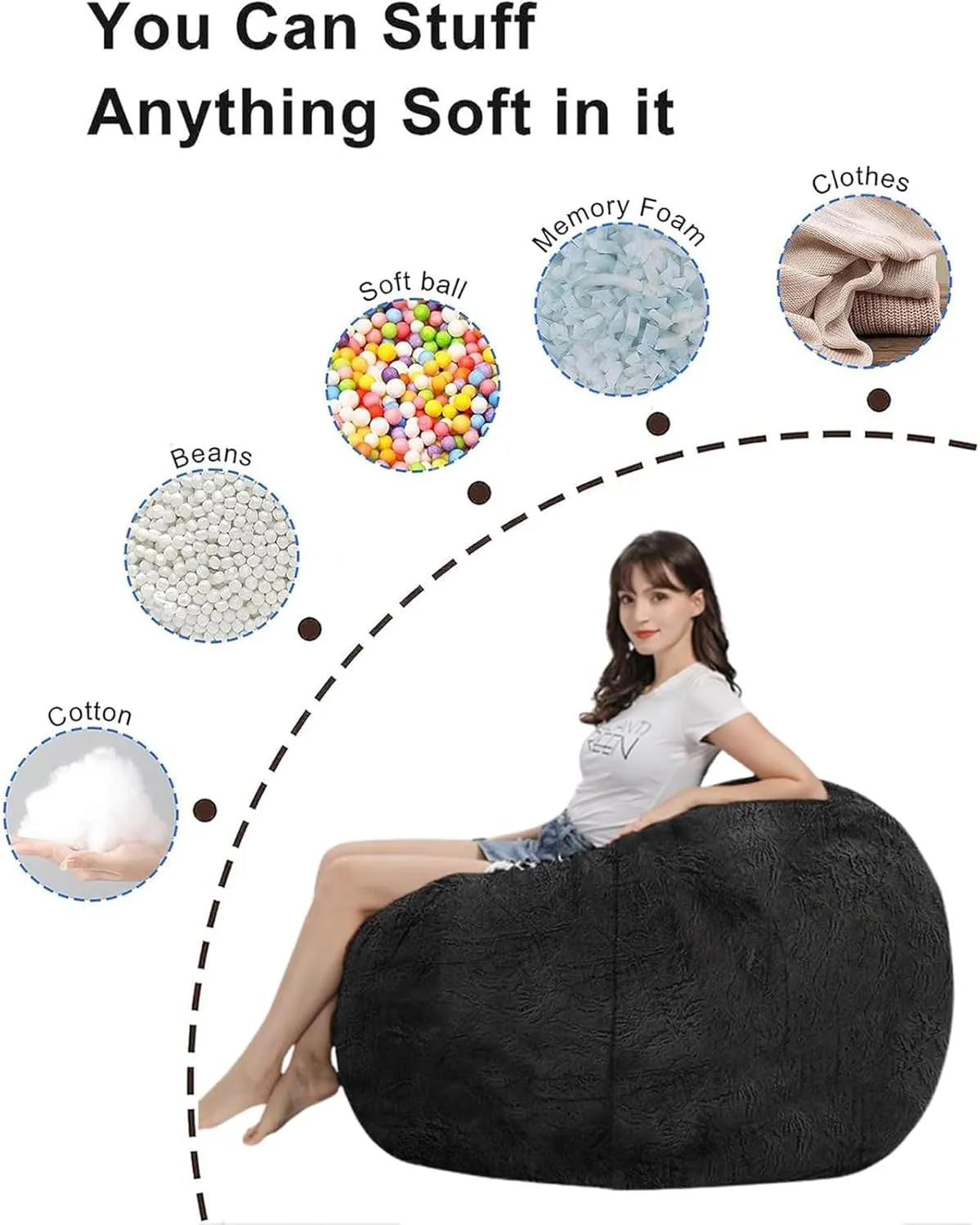 Storage Bean Bag Chair Cover(No Filler) for Organizing Plush Toys Or Textile，Pv Fleece Washable Large Bean Bag Chairs Cover for Adults for Living Room Bedroom Furniture (Light Grey, 4FT)