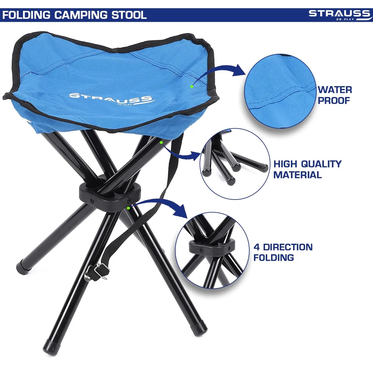 STRASS Folding Camping Chair: Portable & Foldable Stool | 4 Leg Stability | Compact Size | Blue
