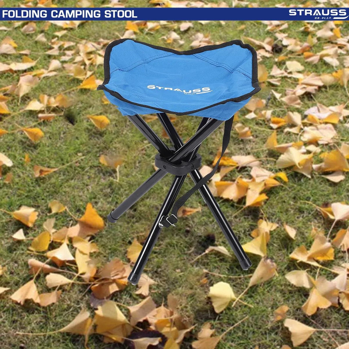 STRASS Folding Camping Chair: Portable & Foldable Stool | 4 Leg Stability | Compact Size | Blue