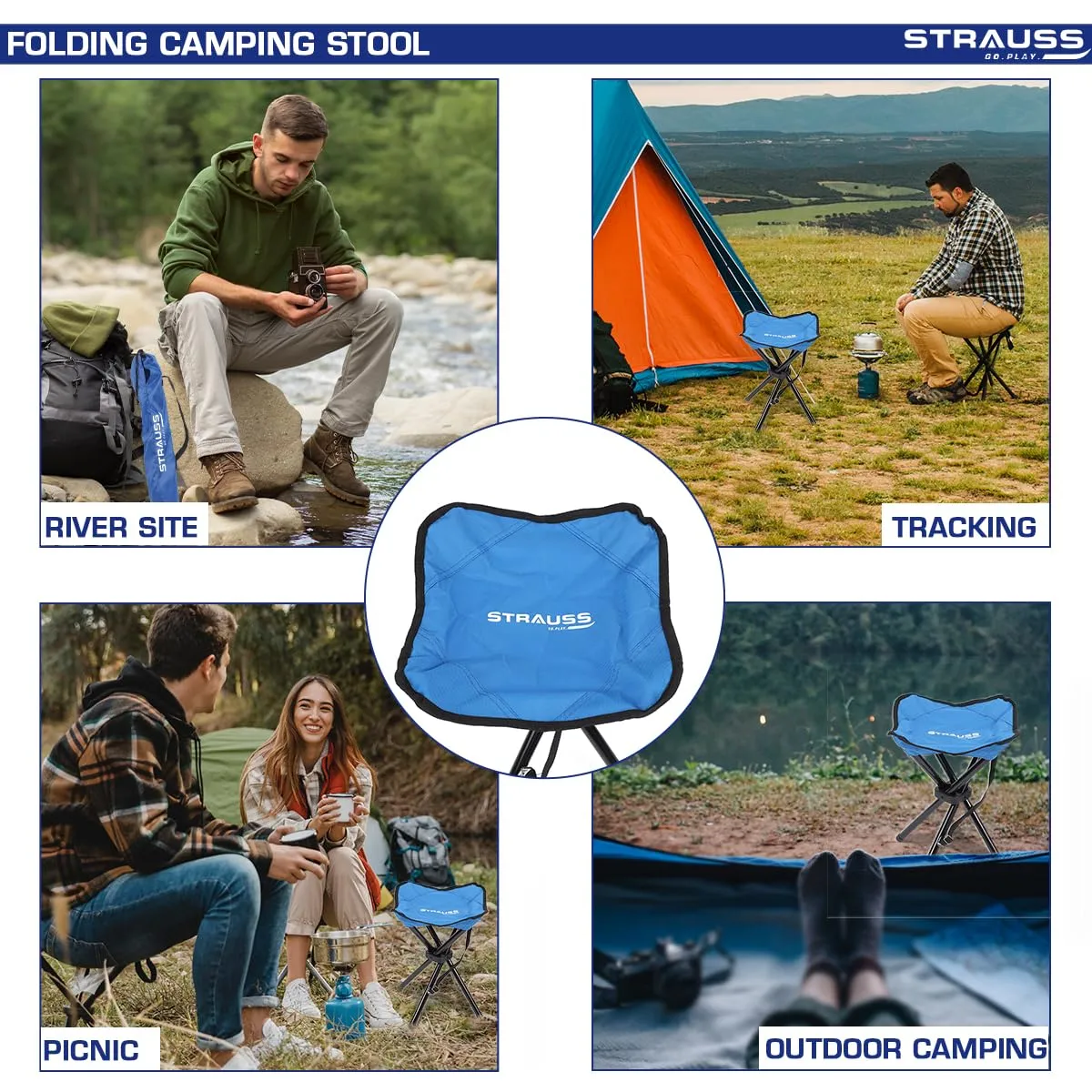 STRASS Folding Camping Chair: Portable & Foldable Stool | 4 Leg Stability | Compact Size | Blue