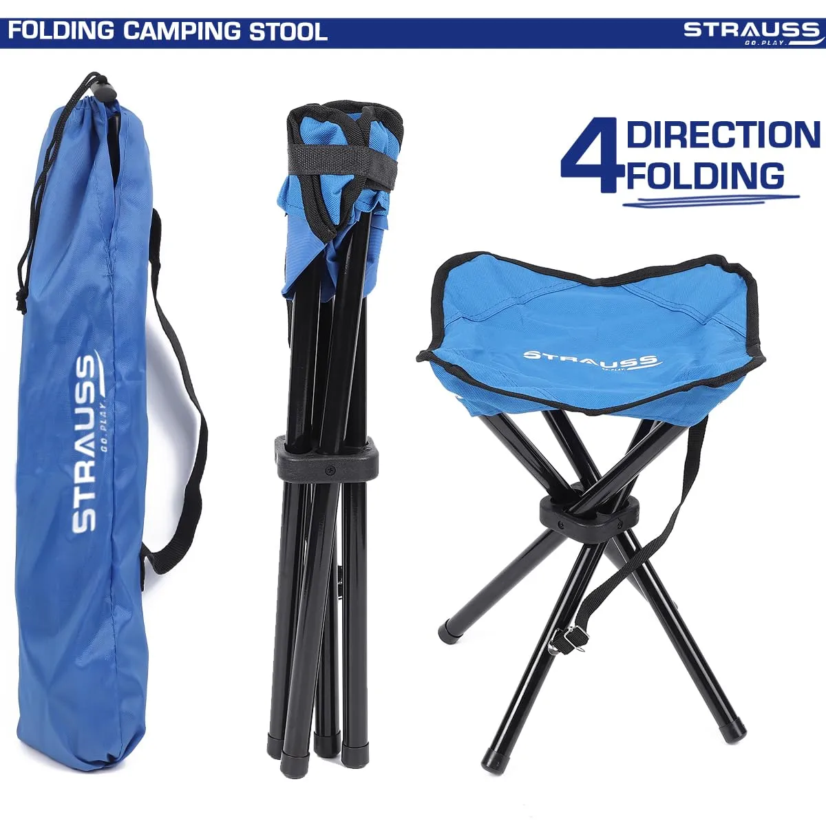 STRASS Folding Camping Chair: Portable & Foldable Stool | 4 Leg Stability | Compact Size | Blue