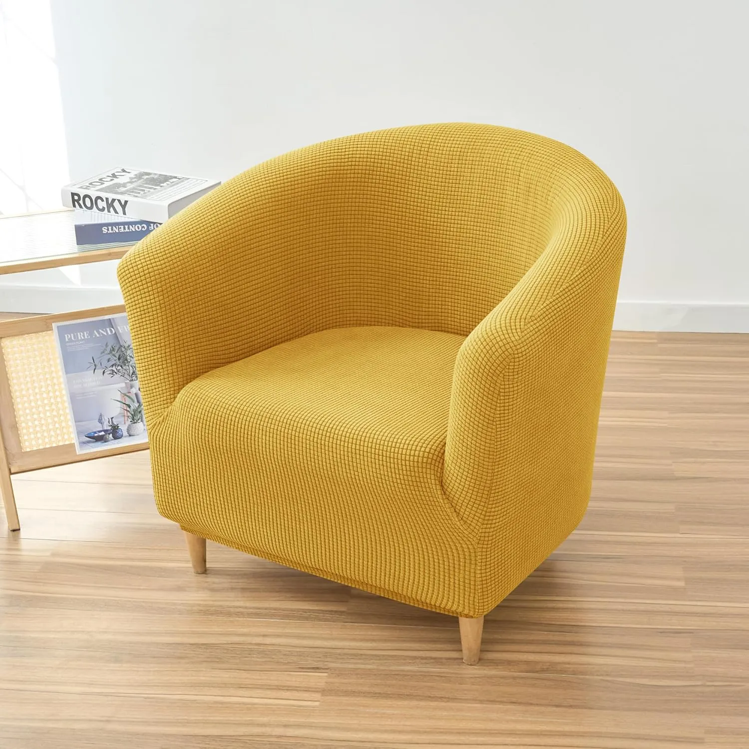 Stretch Tub Chair Covers, 1-Piece Club Chair Slipcover Soft Jacquard Barrel Chair Cover Armchair Slipcovers Furniture Protector for Living Room (Yellow)