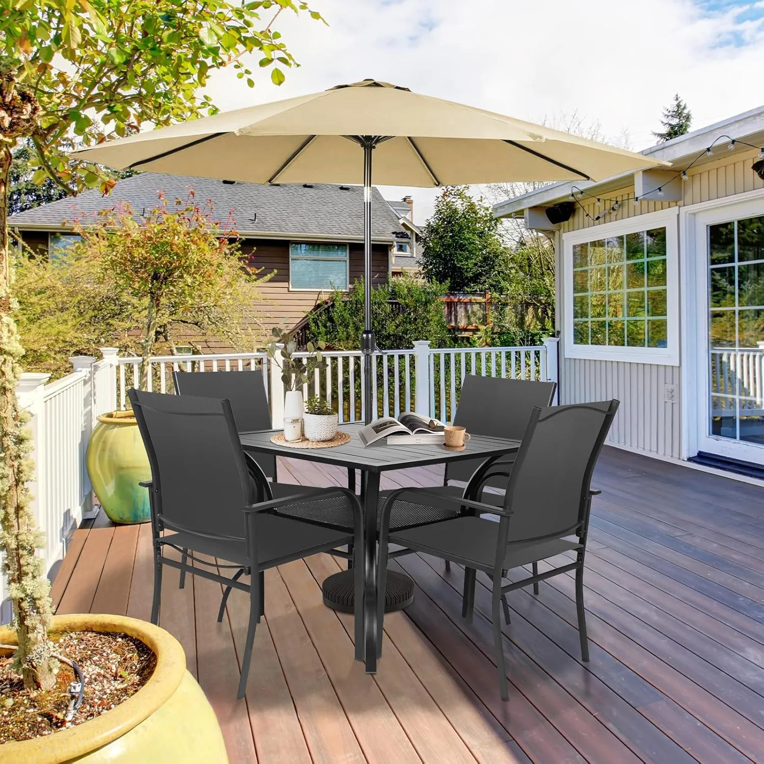 SUNCROWN 6 - Piece Outdoor Dining Set, Patio Furniture Set with 4 Textilene Dinning Chairs, 1 Steel Slat Metal Bistro Table and 1 Brown 9Ft Patio Umbrella for Lawn Garden Backyard Deck, Black