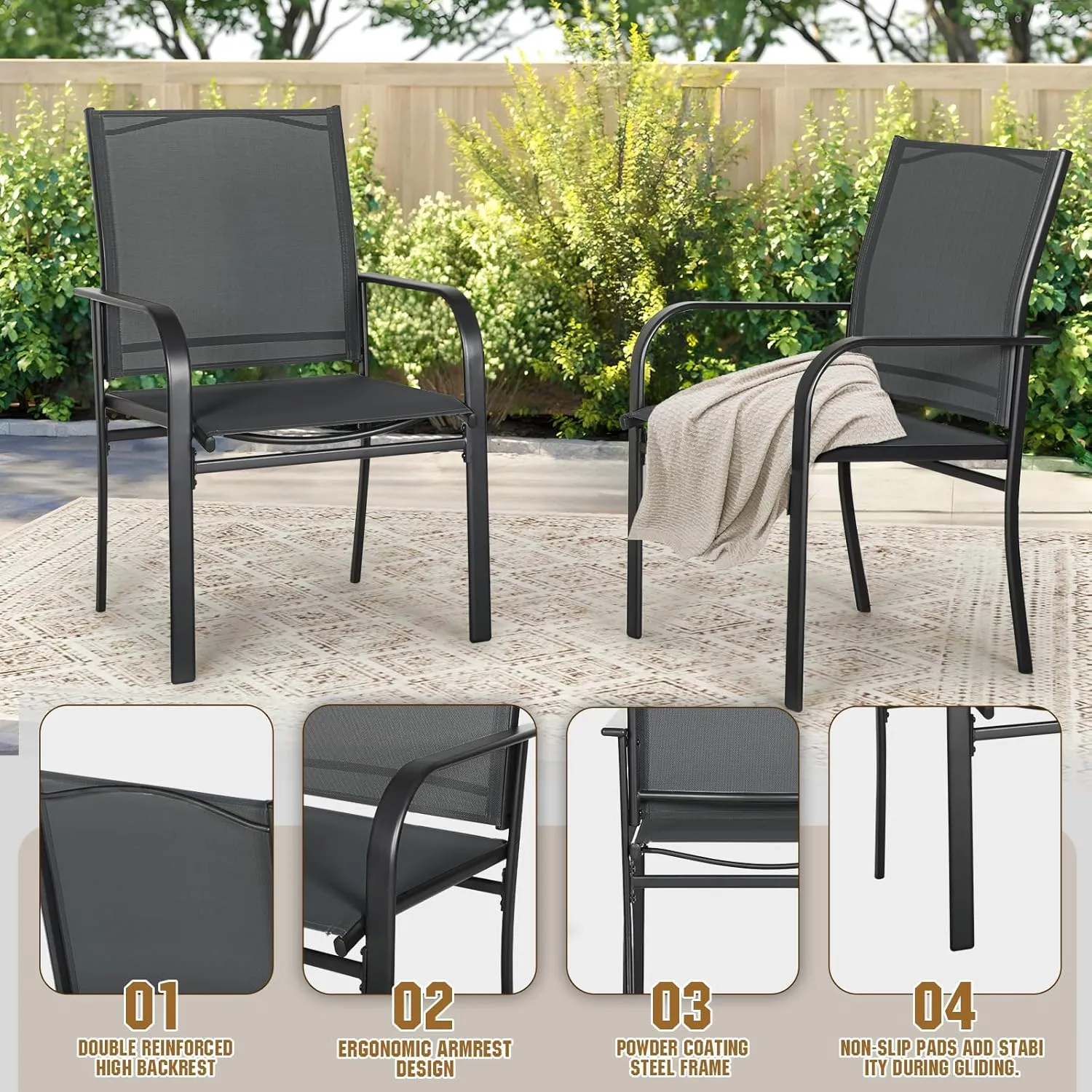 SUNCROWN 6 - Piece Outdoor Dining Set, Patio Furniture Set with 4 Textilene Dinning Chairs, 1 Steel Slat Metal Bistro Table and 1 Brown 9Ft Patio Umbrella for Lawn Garden Backyard Deck, Black