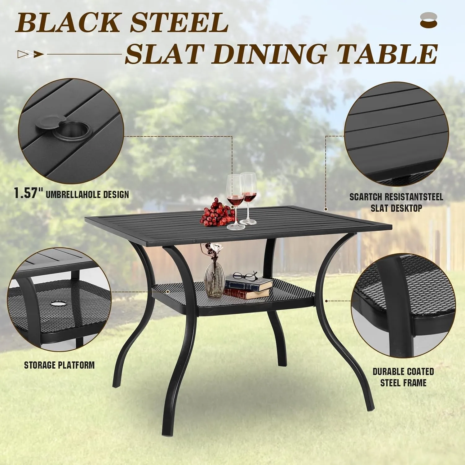 SUNCROWN 6 - Piece Outdoor Dining Set, Patio Furniture Set with 4 Textilene Dinning Chairs, 1 Steel Slat Metal Bistro Table and 1 Brown 9Ft Patio Umbrella for Lawn Garden Backyard Deck, Black