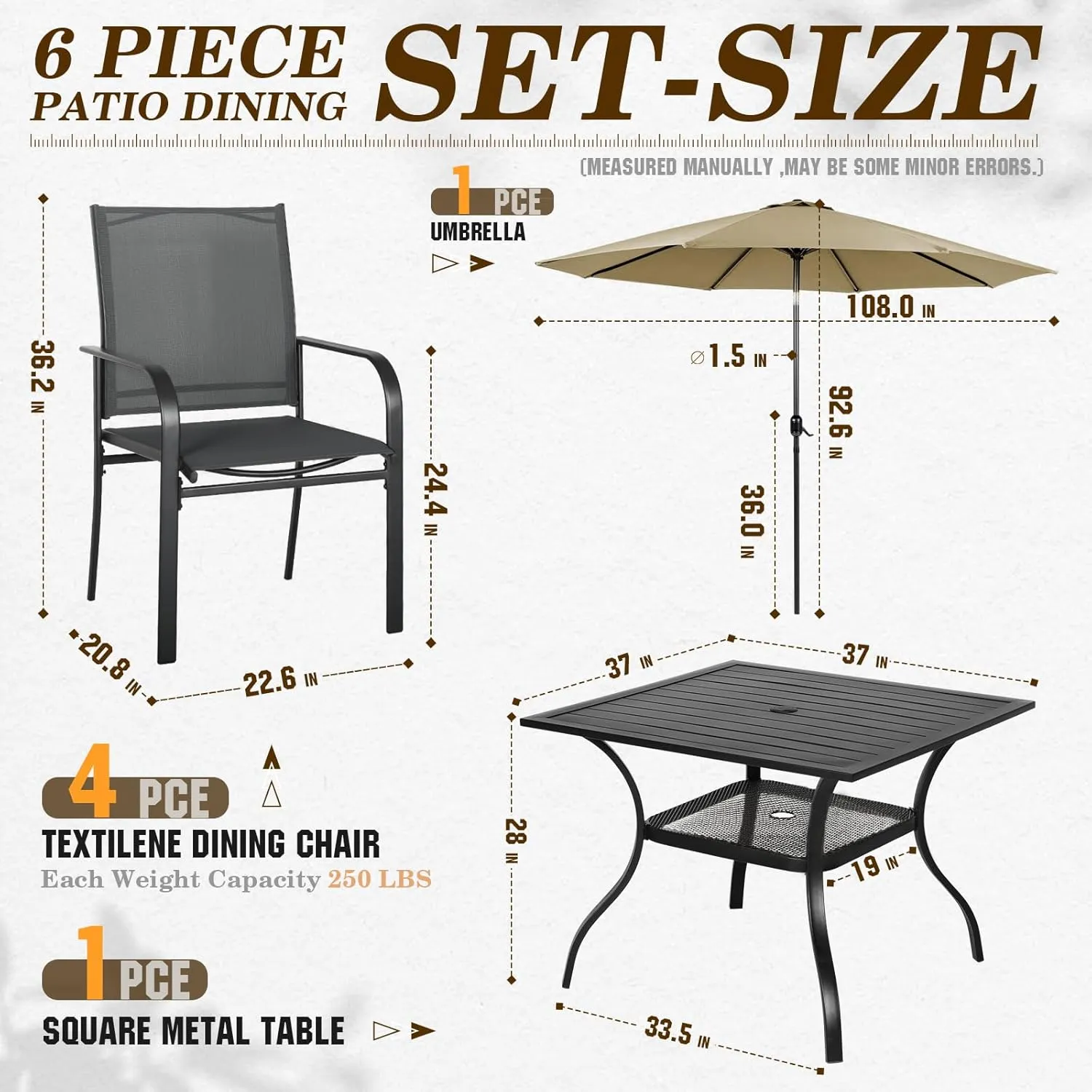 SUNCROWN 6 - Piece Outdoor Dining Set, Patio Furniture Set with 4 Textilene Dinning Chairs, 1 Steel Slat Metal Bistro Table and 1 Brown 9Ft Patio Umbrella for Lawn Garden Backyard Deck, Black