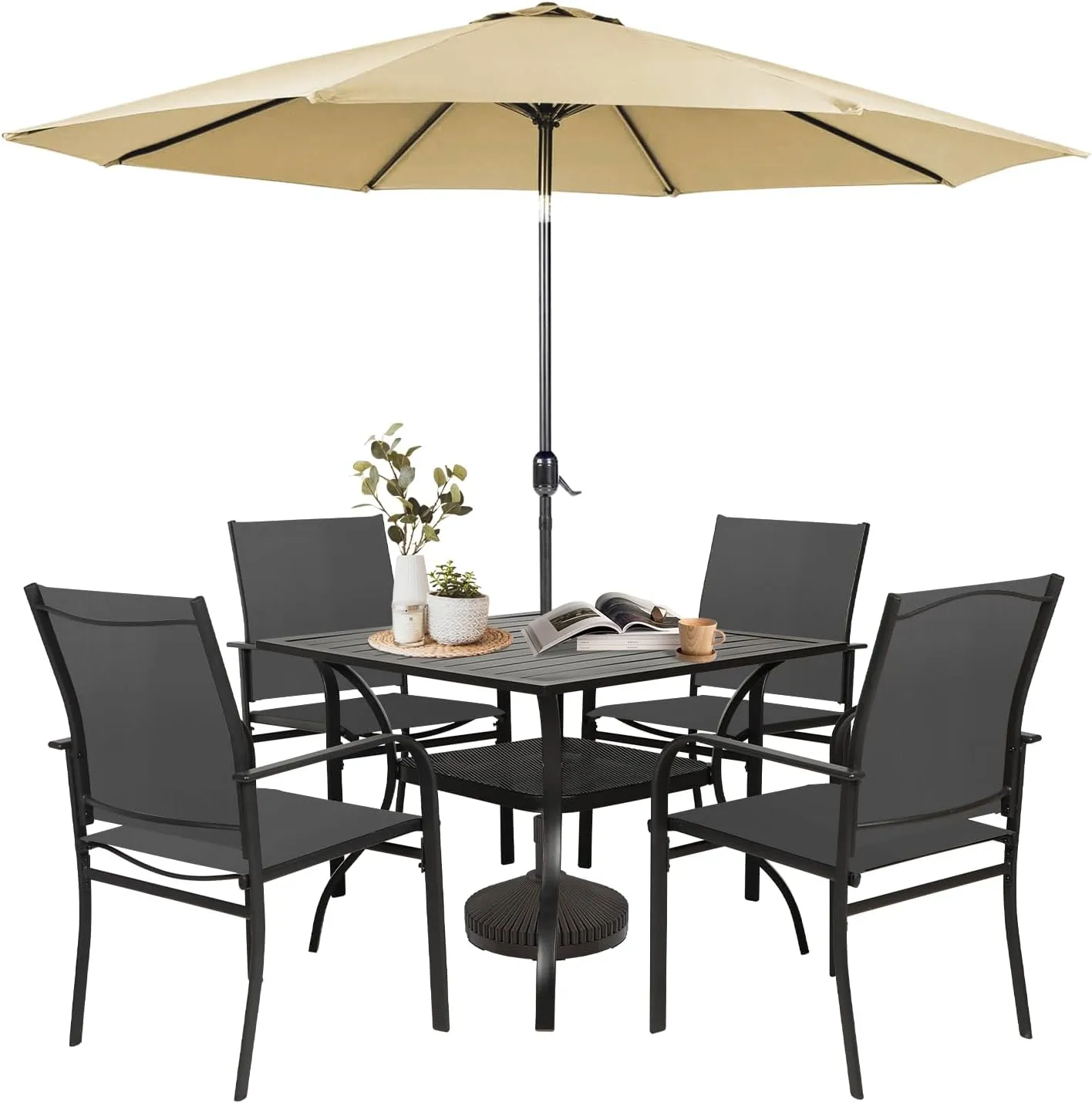 SUNCROWN 6 - Piece Outdoor Dining Set, Patio Furniture Set with 4 Textilene Dinning Chairs, 1 Steel Slat Metal Bistro Table and 1 Brown 9Ft Patio Umbrella for Lawn Garden Backyard Deck, Black
