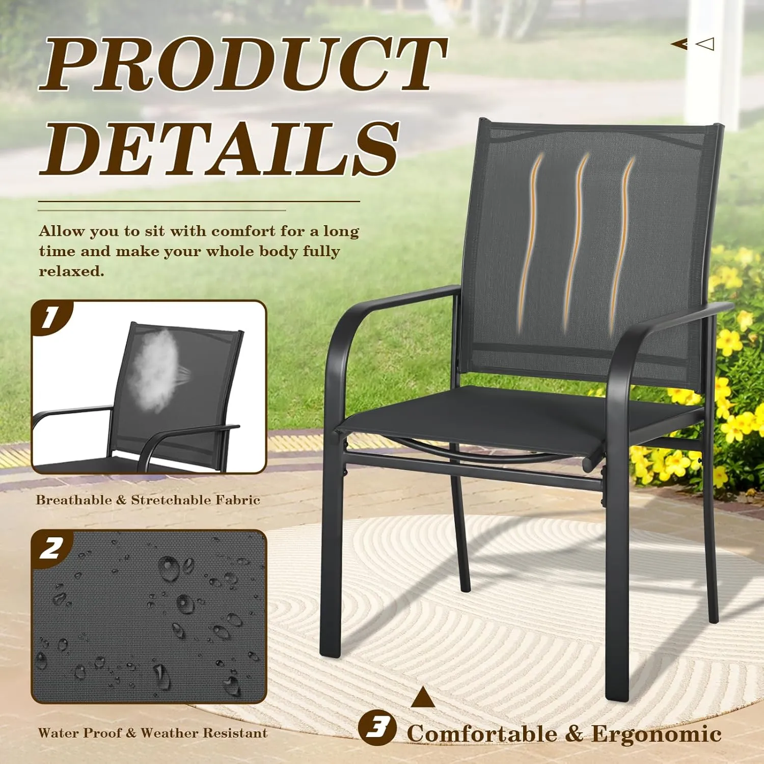 SUNCROWN 6 - Piece Outdoor Dining Set, Patio Furniture Set with 4 Textilene Dinning Chairs, 1 Steel Slat Metal Bistro Table and 1 Brown 9Ft Patio Umbrella for Lawn Garden Backyard Deck, Black