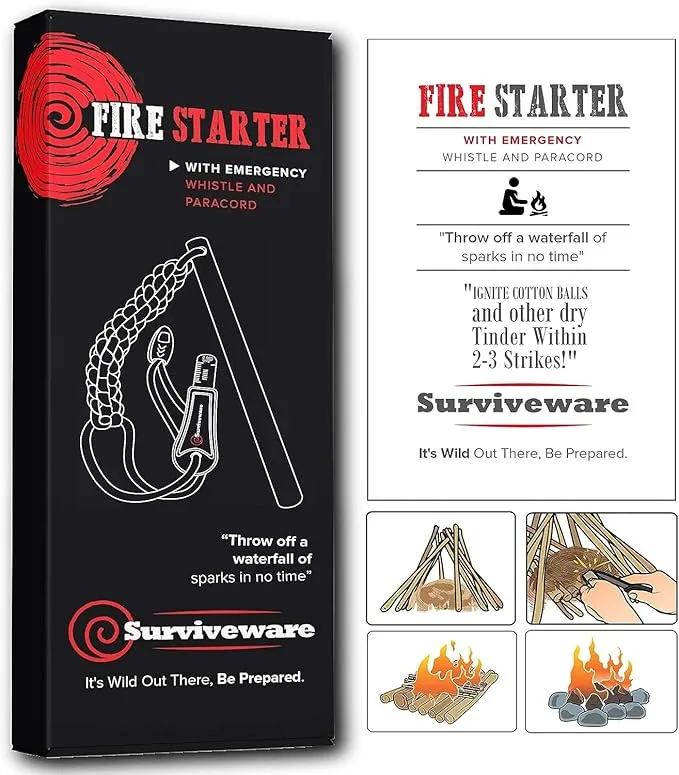 Surviveware Survival Fire Starter with Emergency Whistle, Paracord Handle, and Steel Serrated Scraper