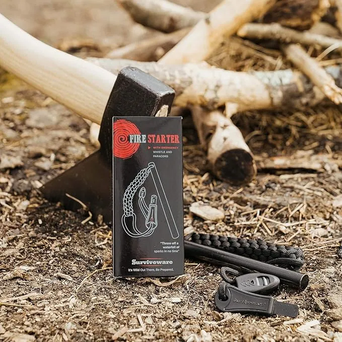 Surviveware Survival Fire Starter with Emergency Whistle, Paracord Handle, and Steel Serrated Scraper