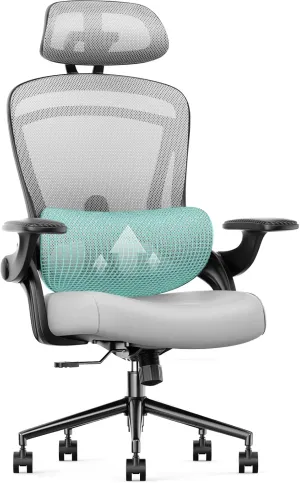Sweetcrispy Ergonomic Mesh Office Chair, High Back with 2D Headrest, Up&Down Lumbar Support, Swivel Computer Task Desk Chairs with Adjustable Flip-up Armrests, Light Grey
