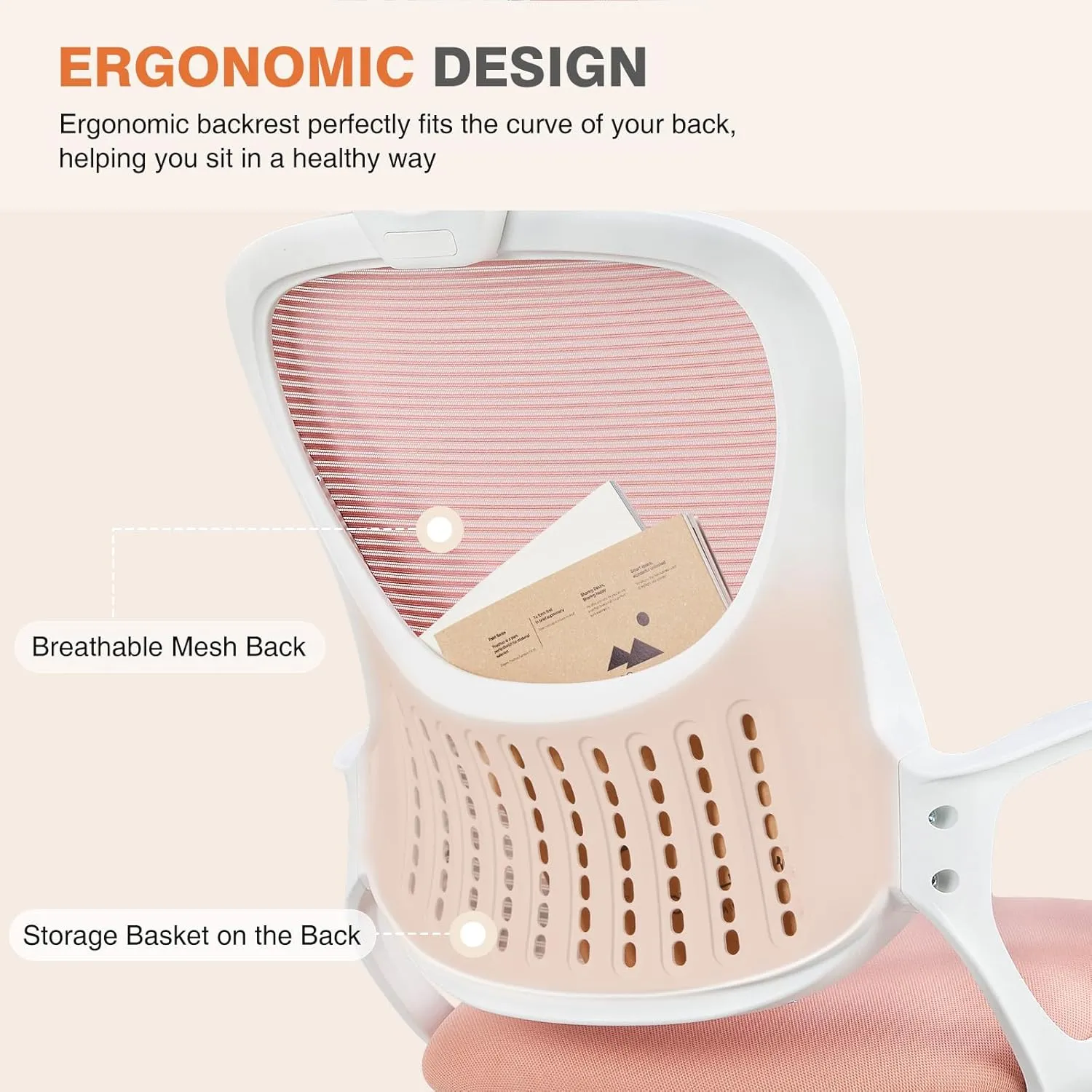 Sweetcrispy Office Computer Desk Chair, Ergonomic High-Back Mesh Rolling Work Chairs with Wheels and Adjustable Headrests, Comfortable Lumbar Support, Comfy Armrest for Home, Bedroom, Study, Pink