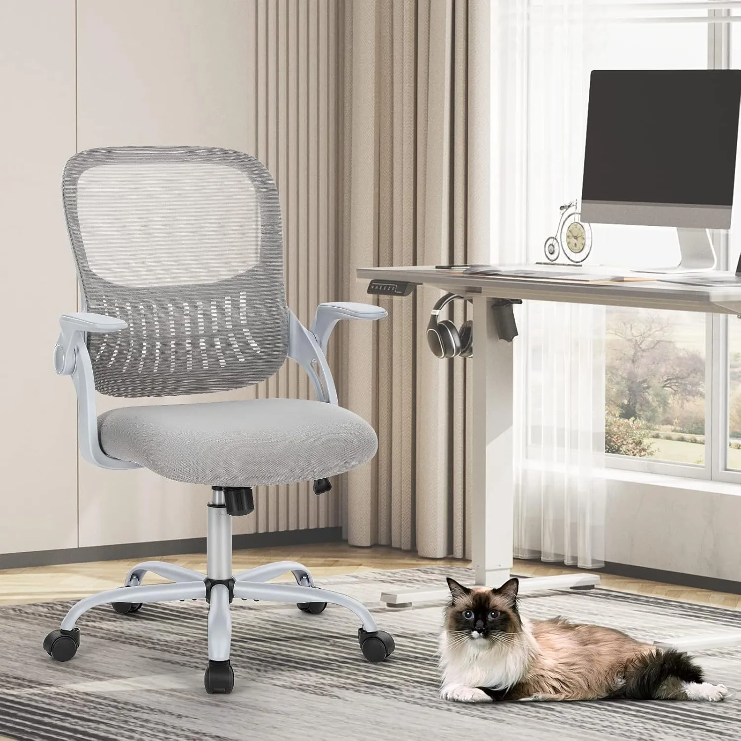 Sweetcrispy Office Computer Desk Chair, Ergonomic Mid-Back Mesh Rolling Work Swivel Task Chairs with Wheels, Comfortable Lumbar Support, Comfy Flip-up Arms for Home, Bedroom, Study, Student, Black