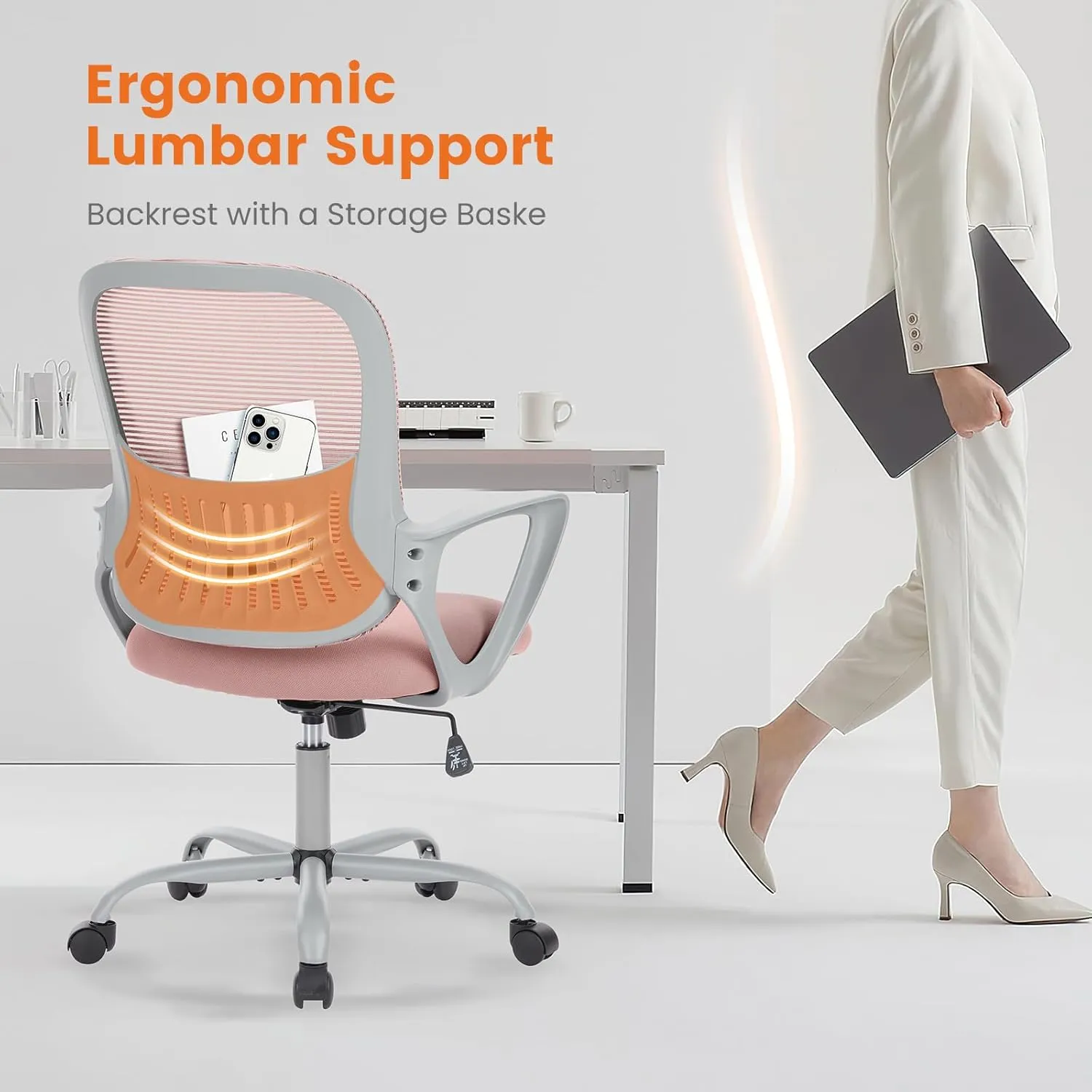 Sweetcrispy Office Computer Desk Managerial Executive Chair, Ergonomic Mid-Back Mesh Swivel Rolling Work with Wheels, Comfortable Lumbar Support, Comfy Arms for Home, Bedroom, Study, Student, Black