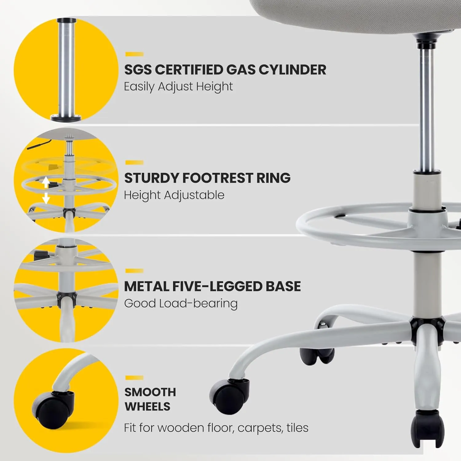 Sweetcrispy Tall Drafting Desk Chair - Ergonomic High Stool Computer with Adjustable Height and Comfy Lumbar Support, Office Rolling Counter with Flip-up Arm and Footrest, Grey