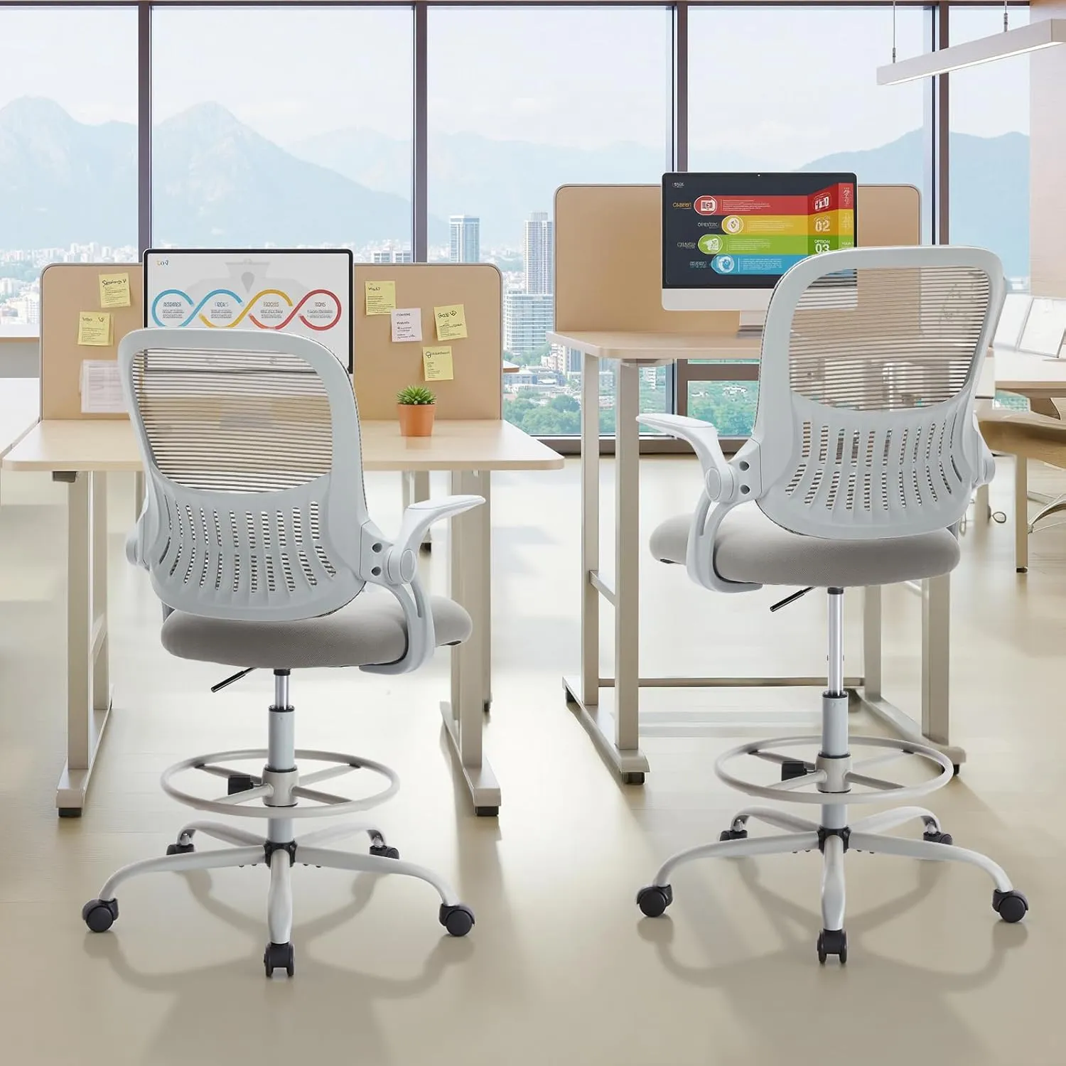 Sweetcrispy Tall Drafting Desk Chair - Ergonomic High Stool Computer with Adjustable Height and Comfy Lumbar Support, Office Rolling Counter with Flip-up Arm and Footrest, Grey
