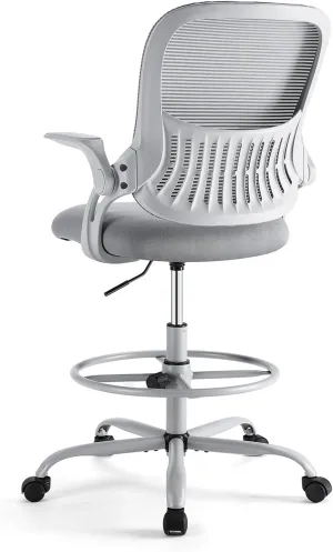Sweetcrispy Tall Drafting Desk Chair - Ergonomic High Stool Computer with Adjustable Height and Comfy Lumbar Support, Office Rolling Counter with Flip-up Arm and Footrest, Grey