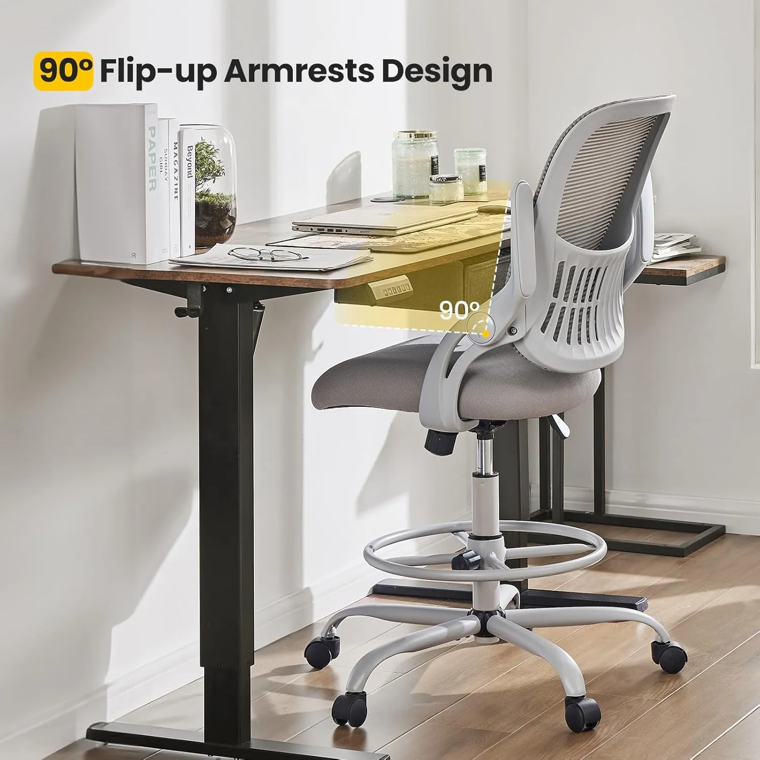 Sweetcrispy Tall Drafting Desk Chair - Ergonomic High Stool Computer with Adjustable Height and Comfy Lumbar Support, Office Rolling Counter with Flip-up Arm and Footrest, Grey