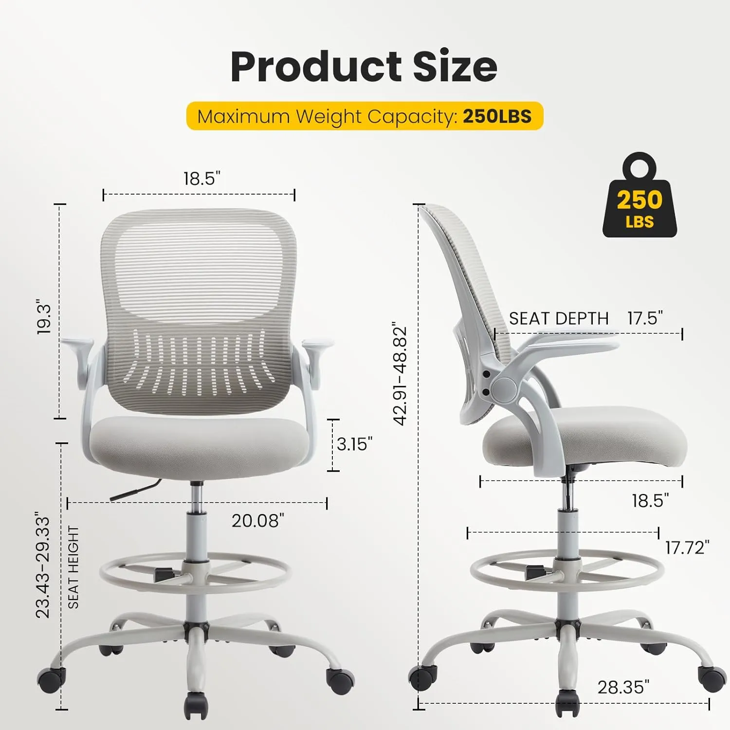 Sweetcrispy Tall Drafting Desk Chair - Ergonomic High Stool Computer with Adjustable Height and Comfy Lumbar Support, Office Rolling Counter with Flip-up Arm and Footrest, Grey