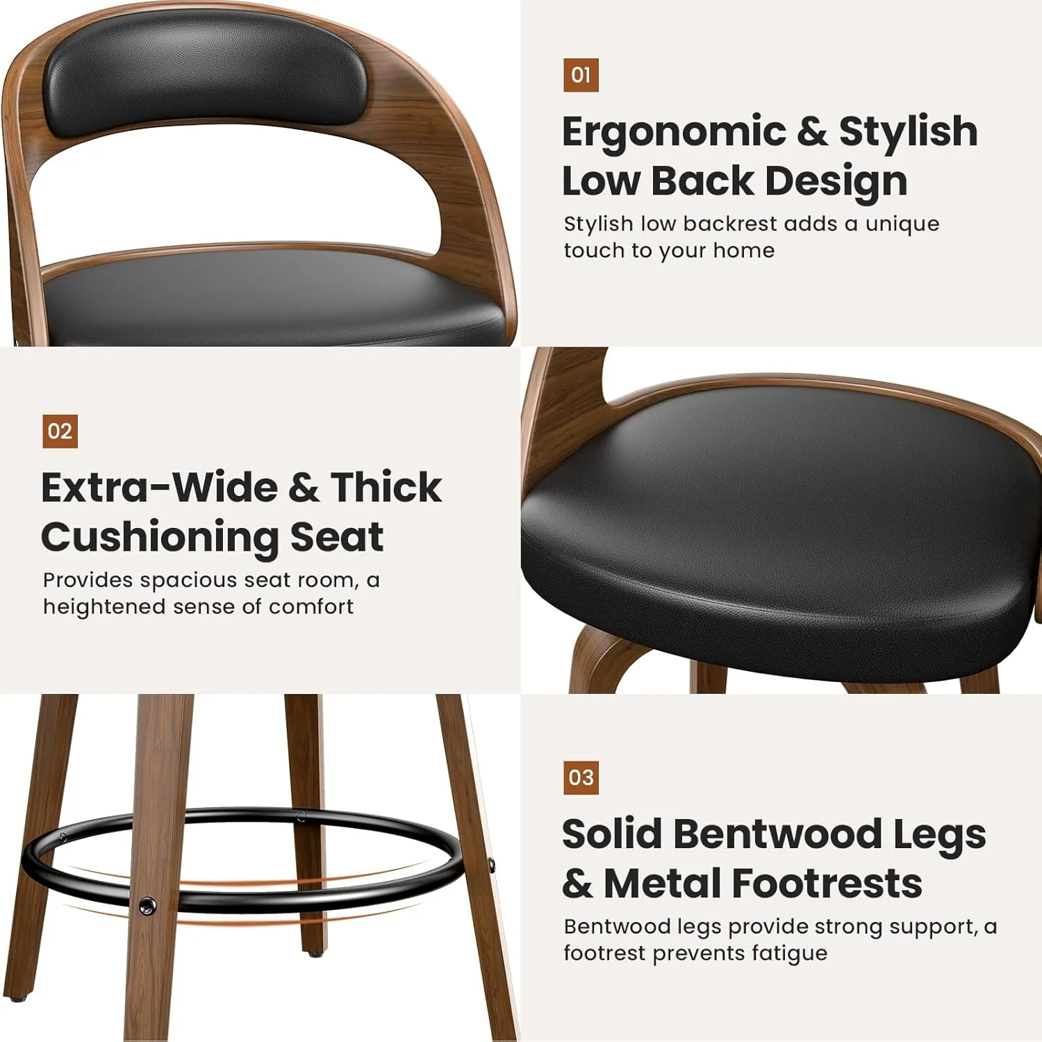 Swivel Bar Stools Set of 2, 26" Counter Height Bentwood Barstool, Mid-Century Modern PU Leather Upholstered Bar Chair with Back and Footrest, for Kitchen Island, Bar, Dining Room, Cafe, Black