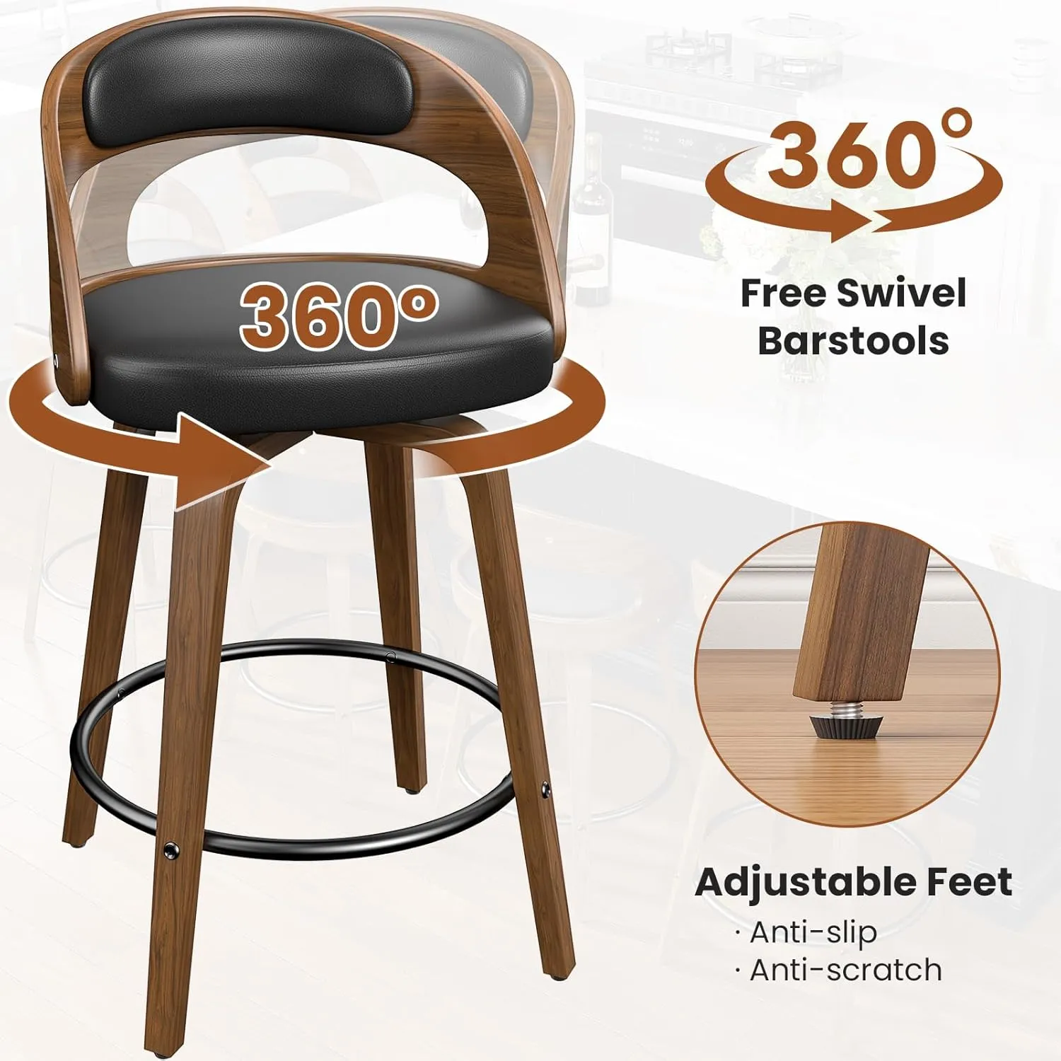 Swivel Bar Stools Set of 2, 26" Counter Height Bentwood Barstool, Mid-Century Modern PU Leather Upholstered Bar Chair with Back and Footrest, for Kitchen Island, Bar, Dining Room, Cafe, Black