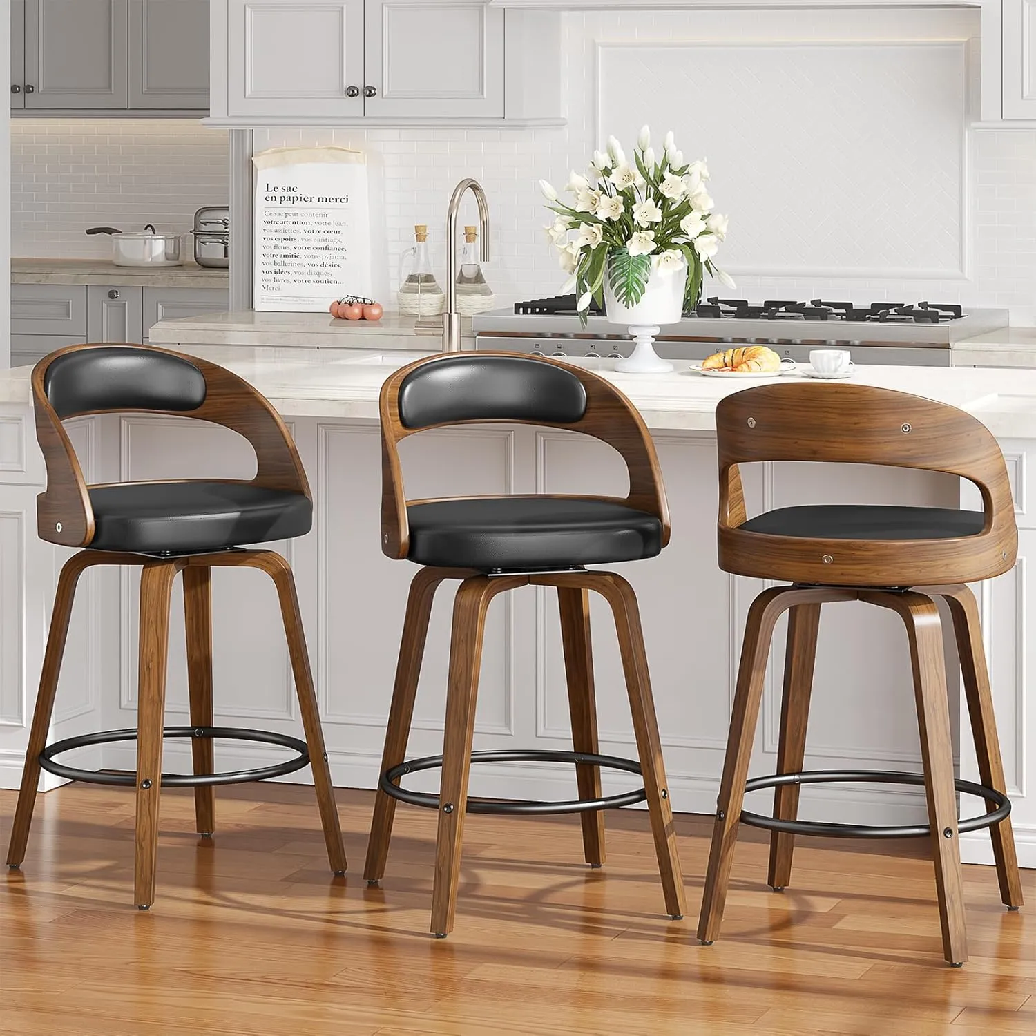 Swivel Bar Stools Set of 2, 26" Counter Height Bentwood Barstool, Mid-Century Modern PU Leather Upholstered Bar Chair with Back and Footrest, for Kitchen Island, Bar, Dining Room, Cafe, Black