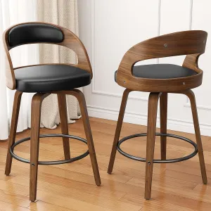 Swivel Bar Stools Set of 2, 26" Counter Height Bentwood Barstool, Mid-Century Modern PU Leather Upholstered Bar Chair with Back and Footrest, for Kitchen Island, Bar, Dining Room, Cafe, Black