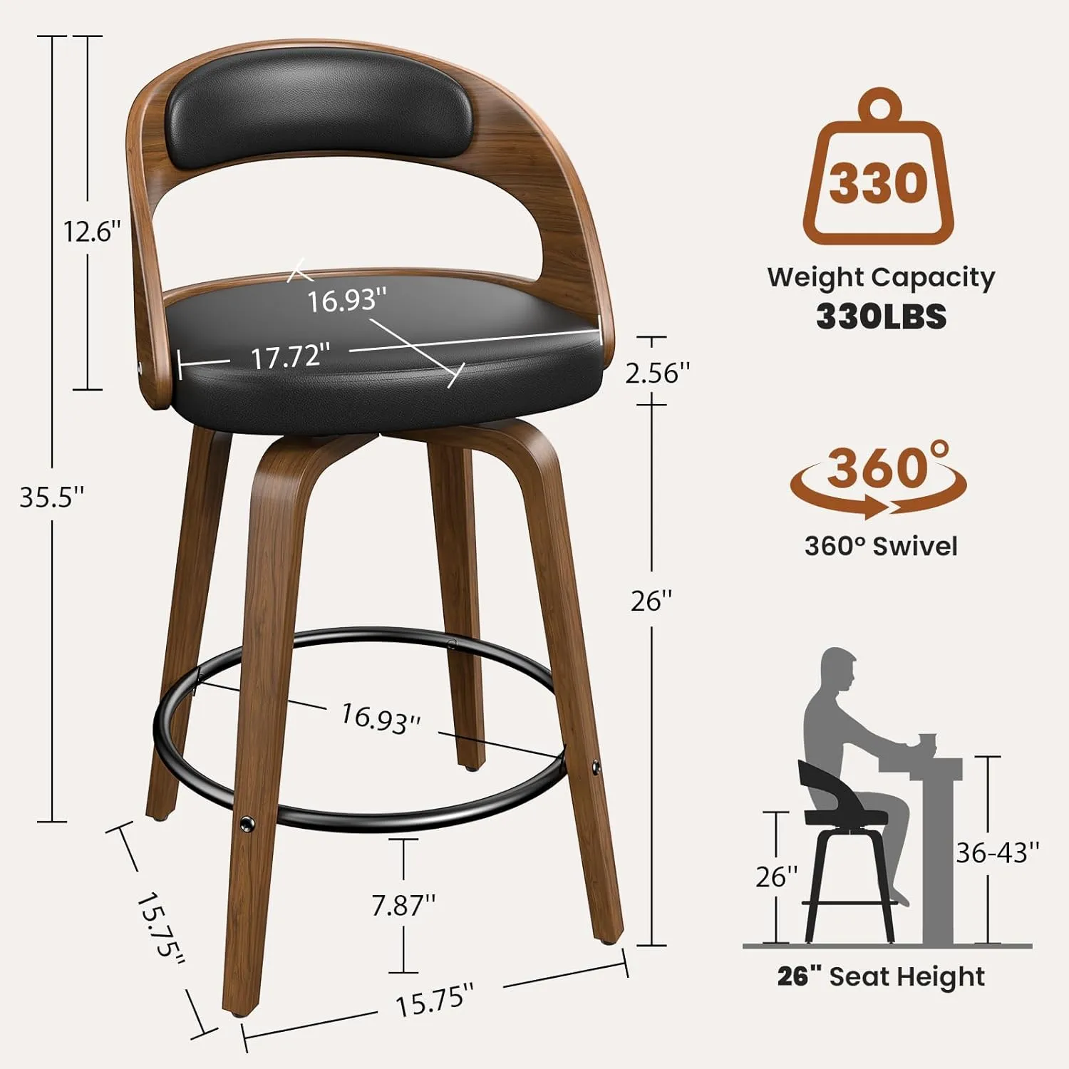 Swivel Bar Stools Set of 2, 26" Counter Height Bentwood Barstool, Mid-Century Modern PU Leather Upholstered Bar Chair with Back and Footrest, for Kitchen Island, Bar, Dining Room, Cafe, Black