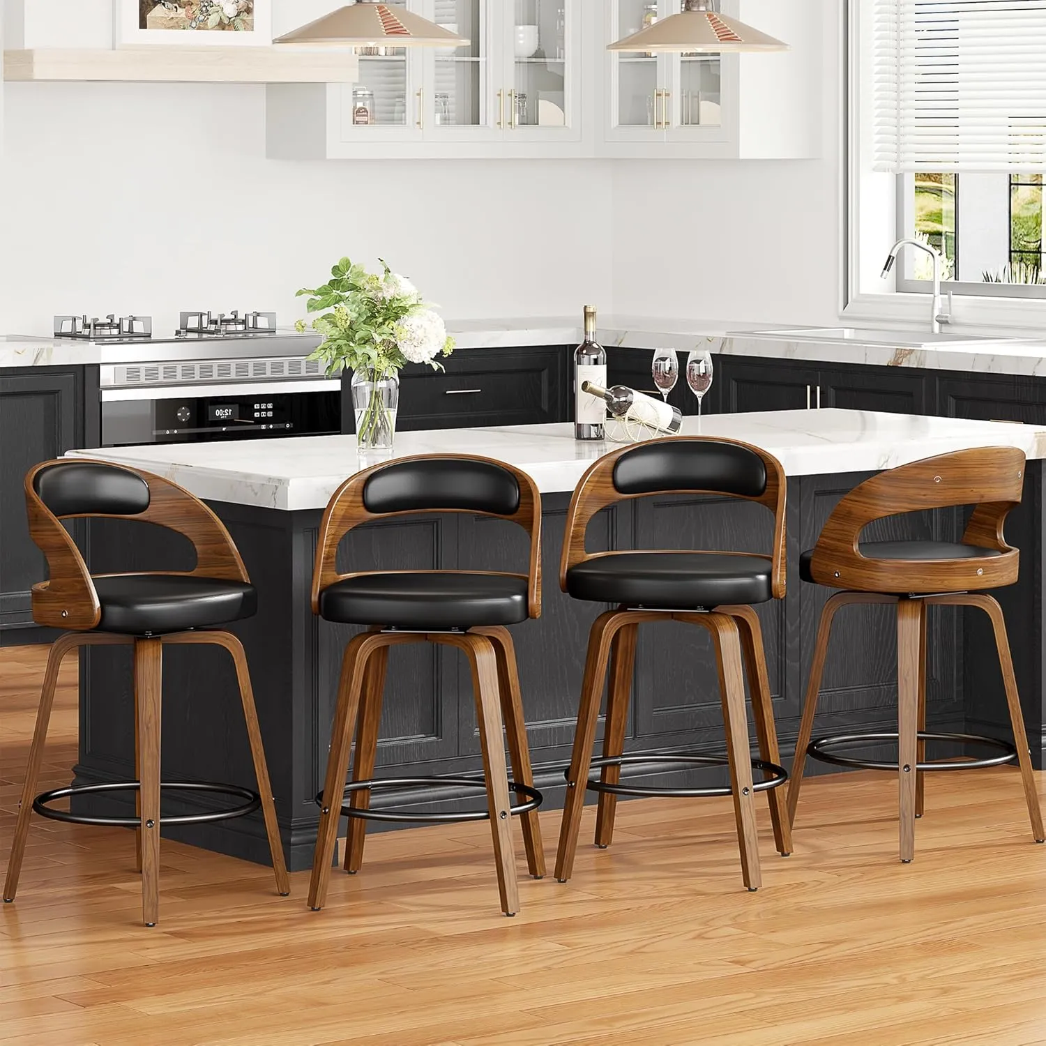 Swivel Bar Stools Set of 2, 26" Counter Height Bentwood Barstool, Mid-Century Modern PU Leather Upholstered Bar Chair with Back and Footrest, for Kitchen Island, Bar, Dining Room, Cafe, Black